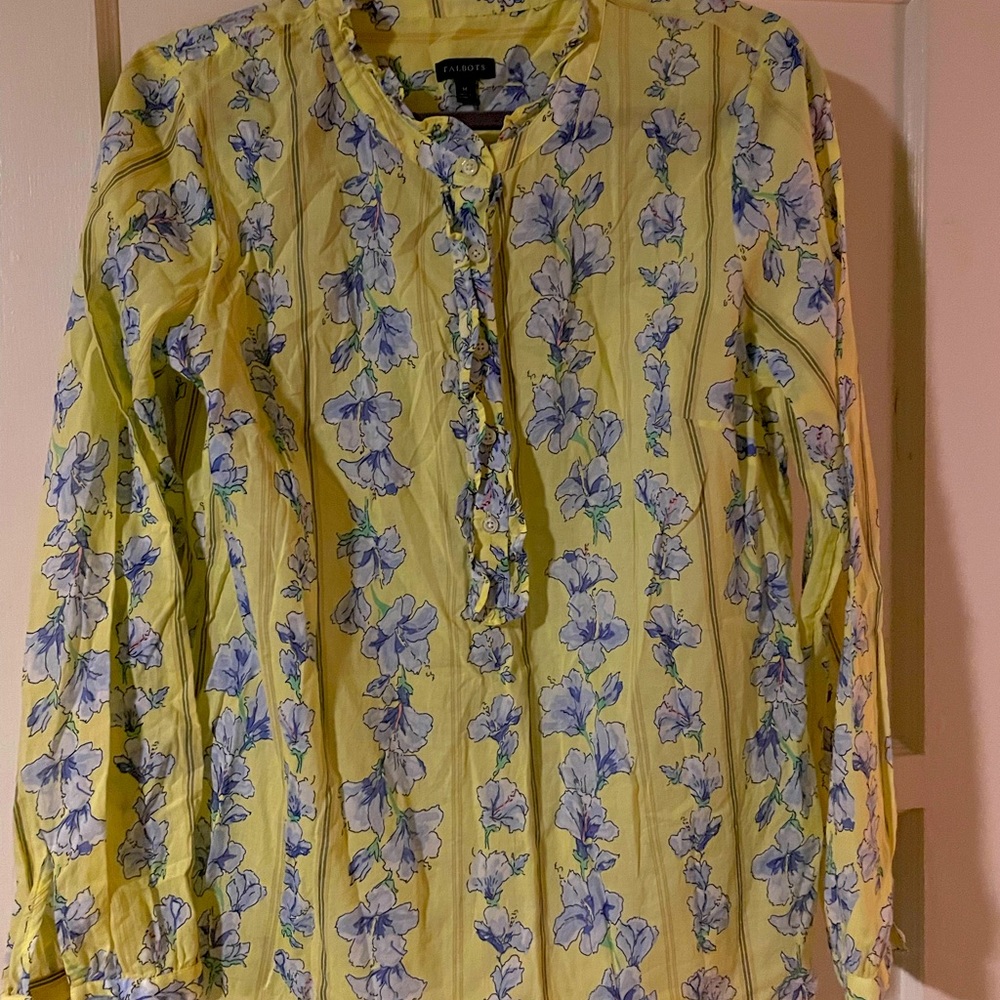 Talbots Womens Yellow Blue Floral Popover Blouse Ruffled Long Sleeve. Size M